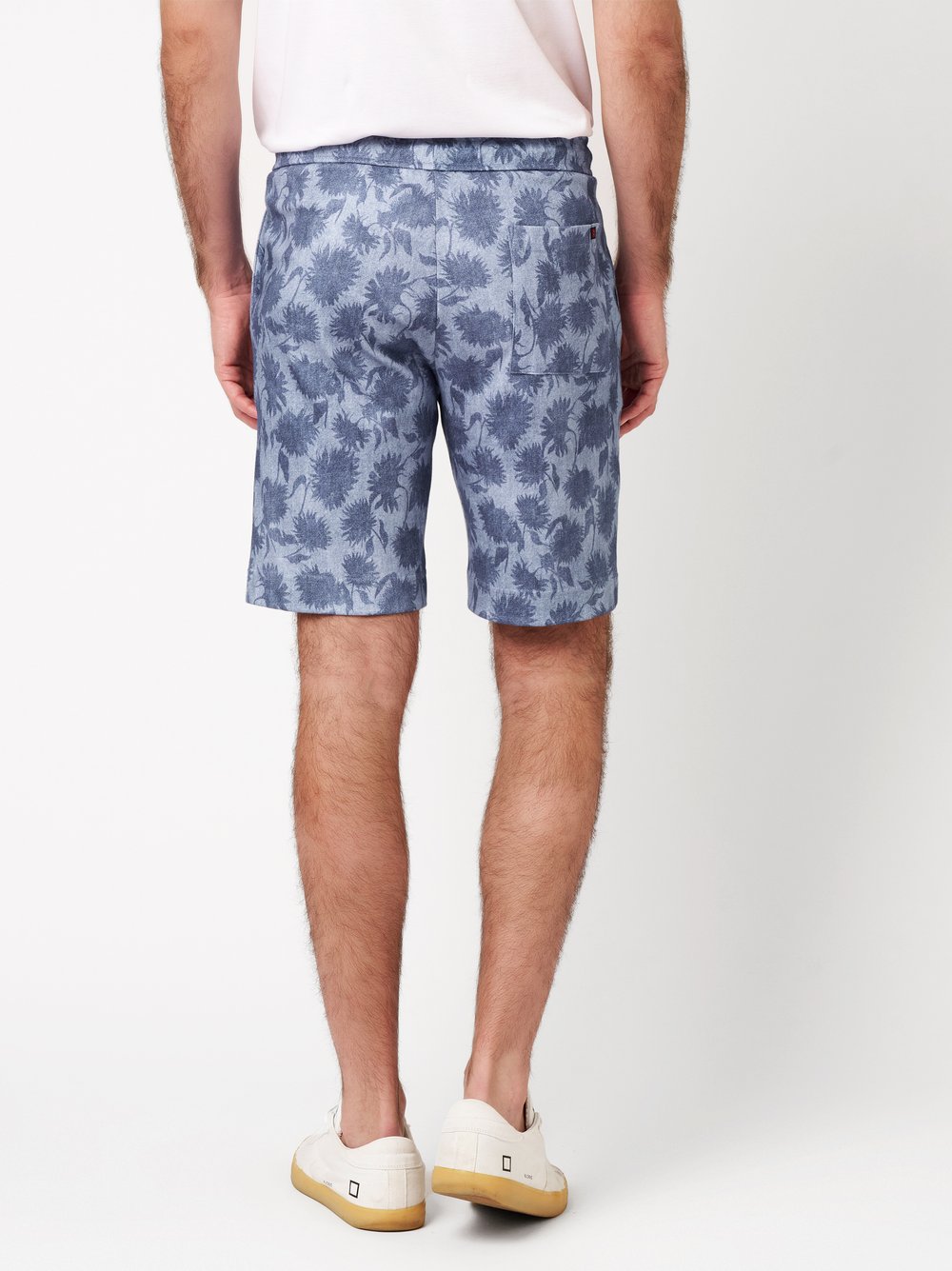 Mens shorts casual in blue bleached denim with blue, back view worn by model