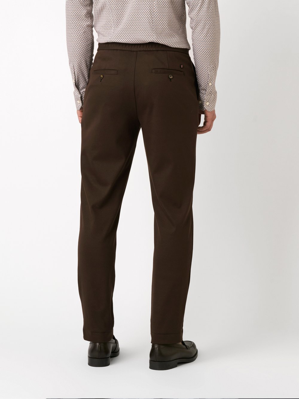 Mens trousers casual in solid brown, back view worn by model
