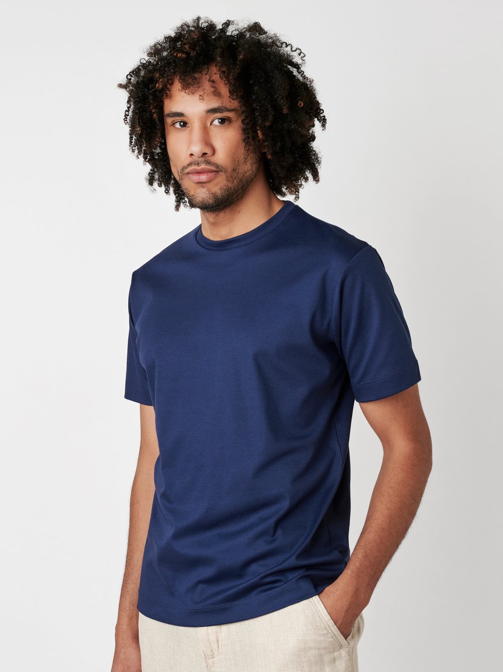 T-Shirt linen checks blue and sand Vorderansicht T-Shirt linen checks blue and sand Vorderansicht
