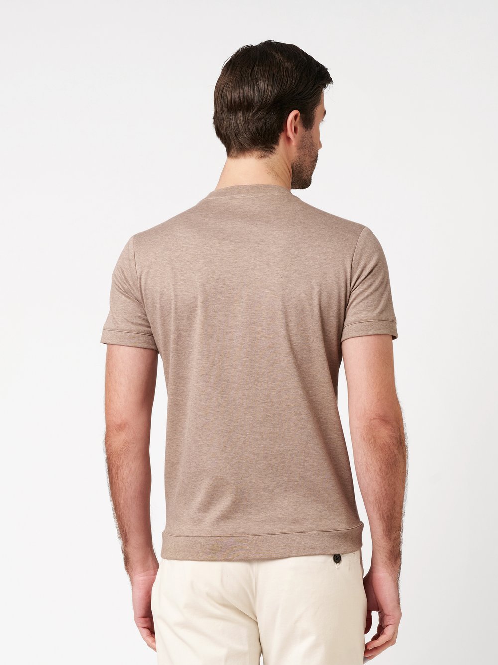 Mens T-shirt luxury roundneck in beige, back view worn by model