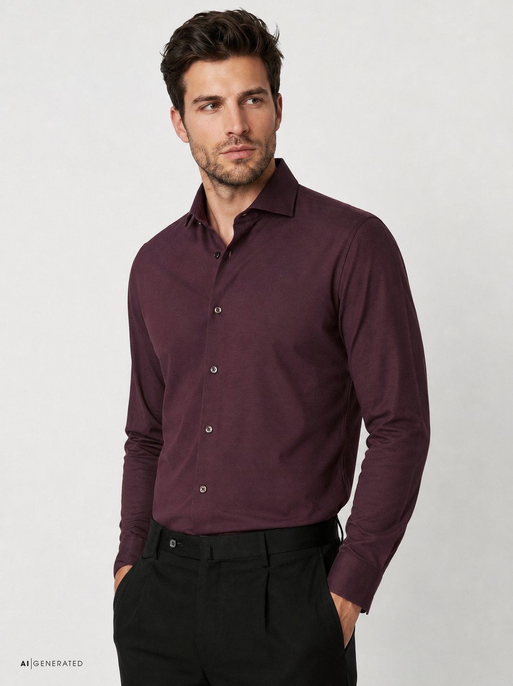 Mens shirt luxury hai in bordeaux twill, front view worn by model