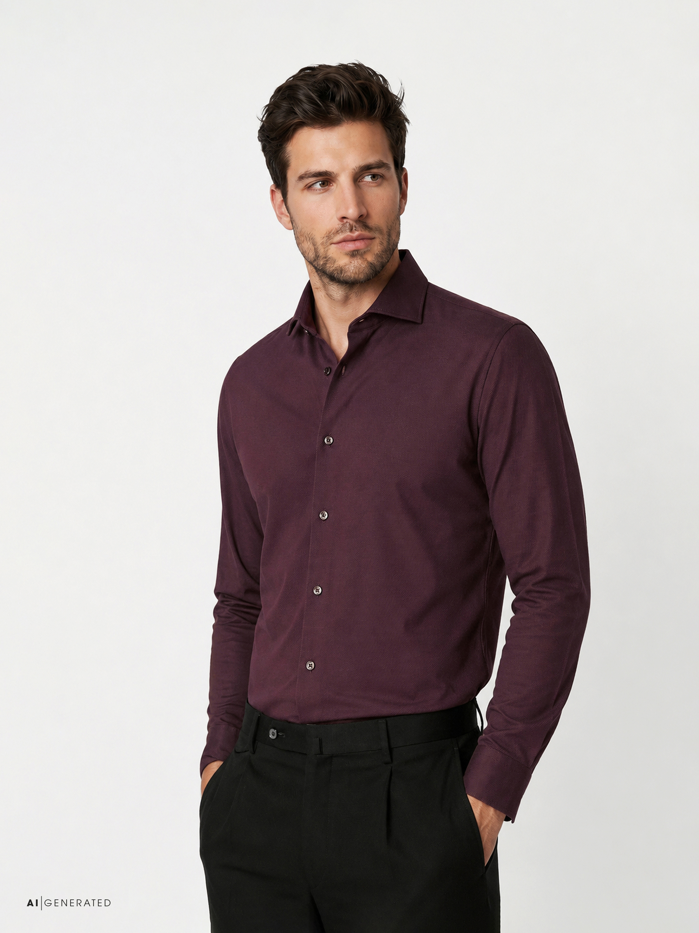 Herrenhemd Luxury Hai in bordeaux twill, Frontansicht am Model getragen