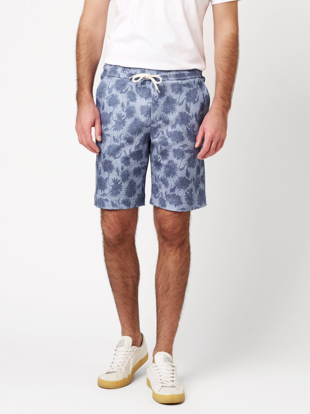 Mens shorts casual in blue bleached denim with blue, front view worn by model