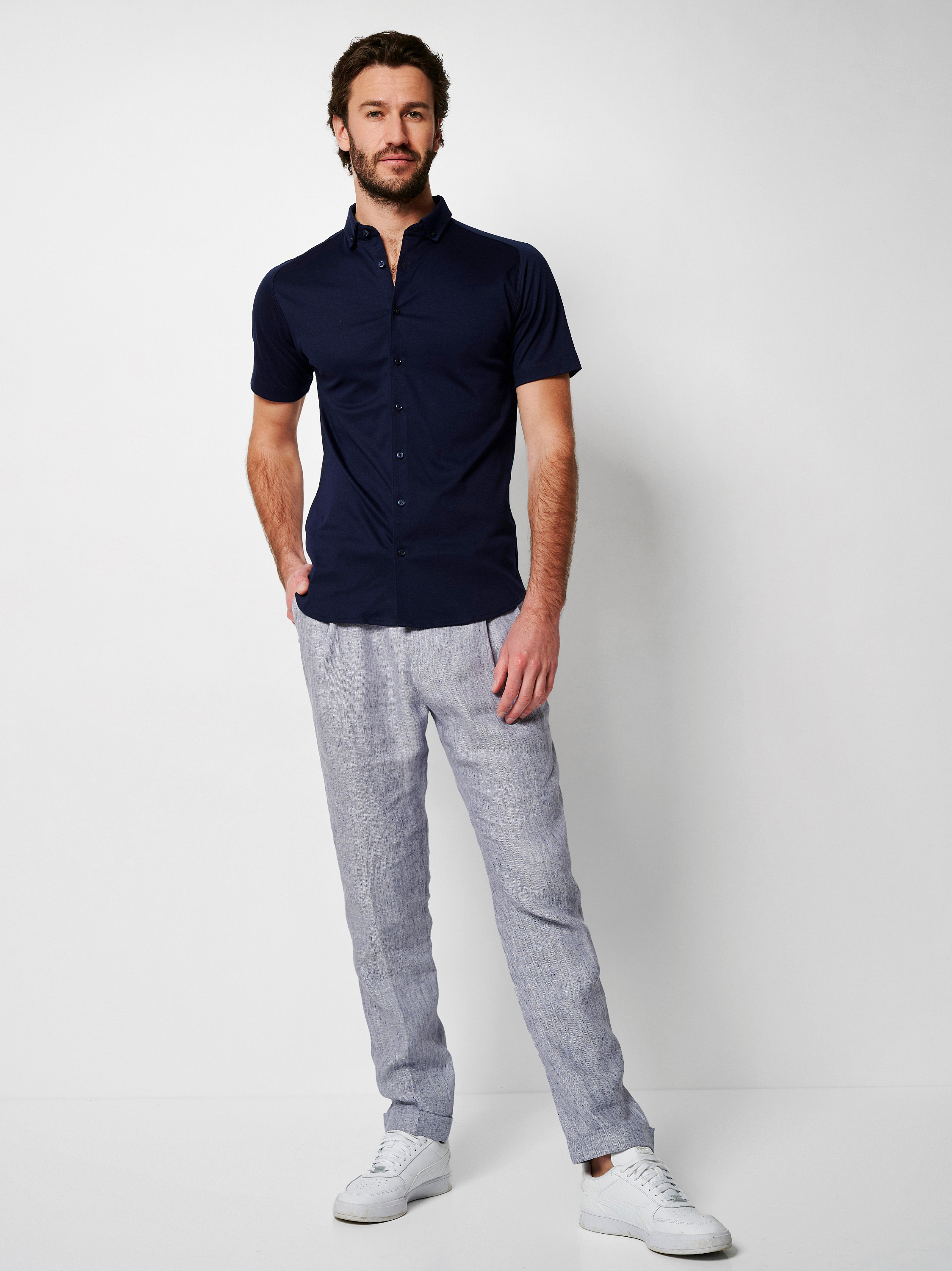 Shirt Modern Button Down solid dark navy outfit view