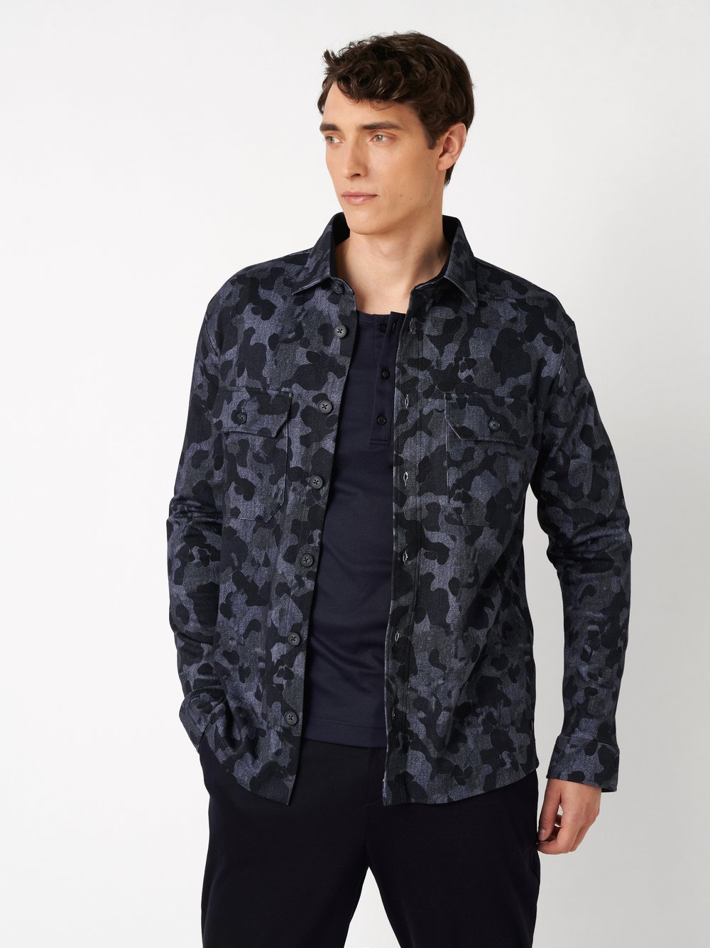 Mens shirt casual overshirt kent in camouflage denim, front view worn by model