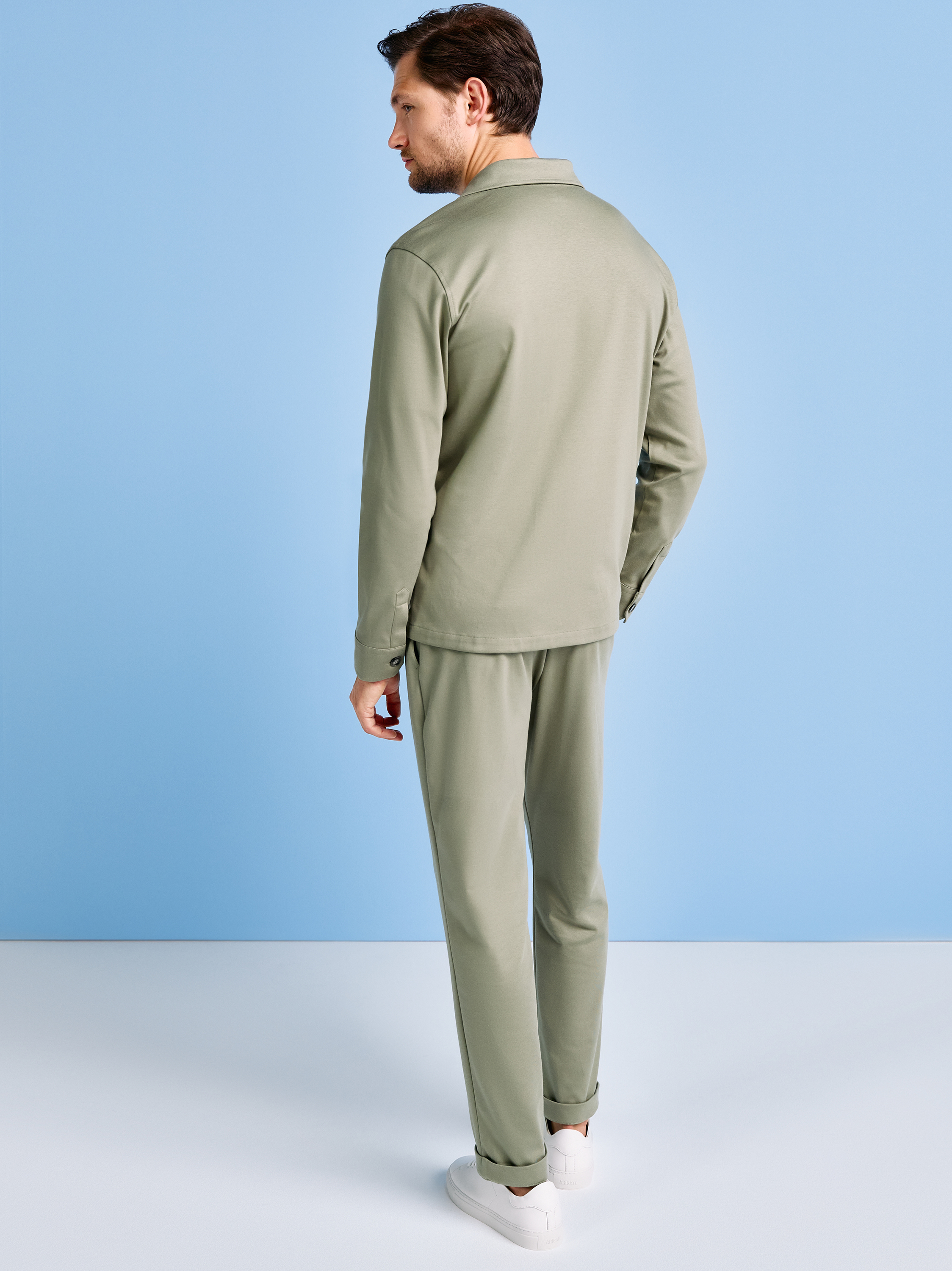 Mens shirt casual overshirt revers in solid green, back view worn by model