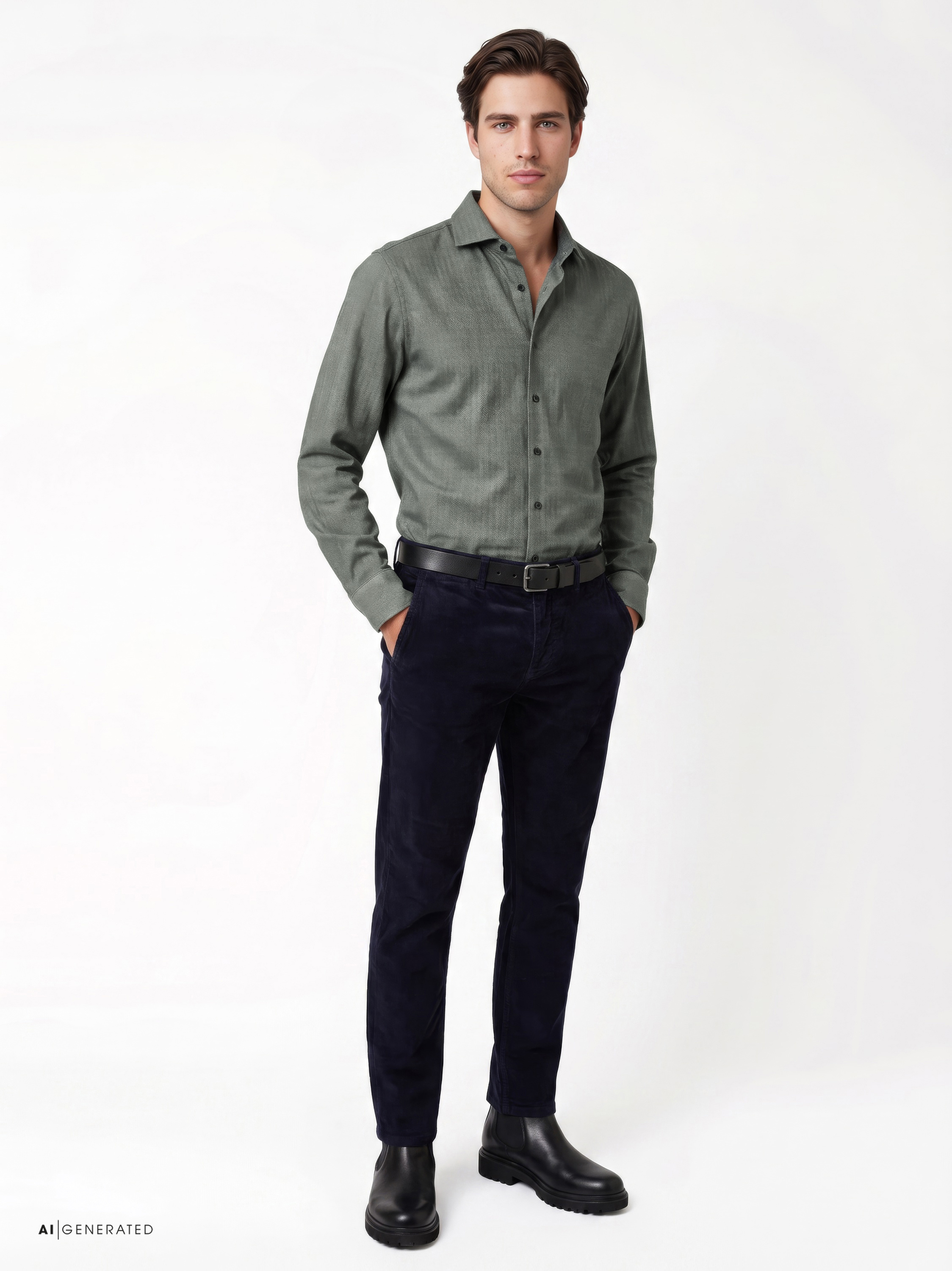 Mens shirt luxury hai in green herringbone, outfit view worn by model