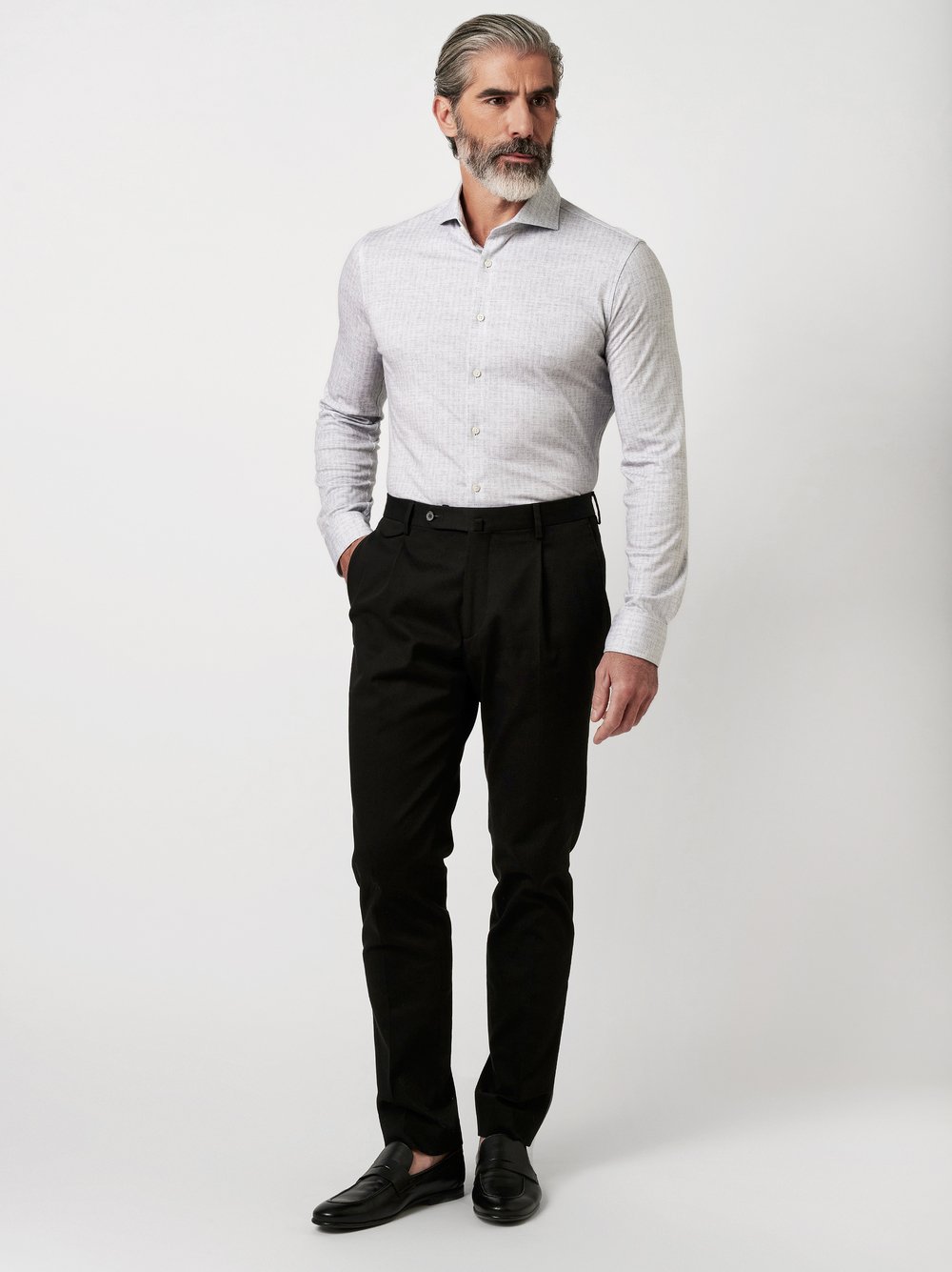 Shirt Luxury Hai light grey linen herringbone outfit view Shirt Luxury Hai light grey linen herringbone outfit view