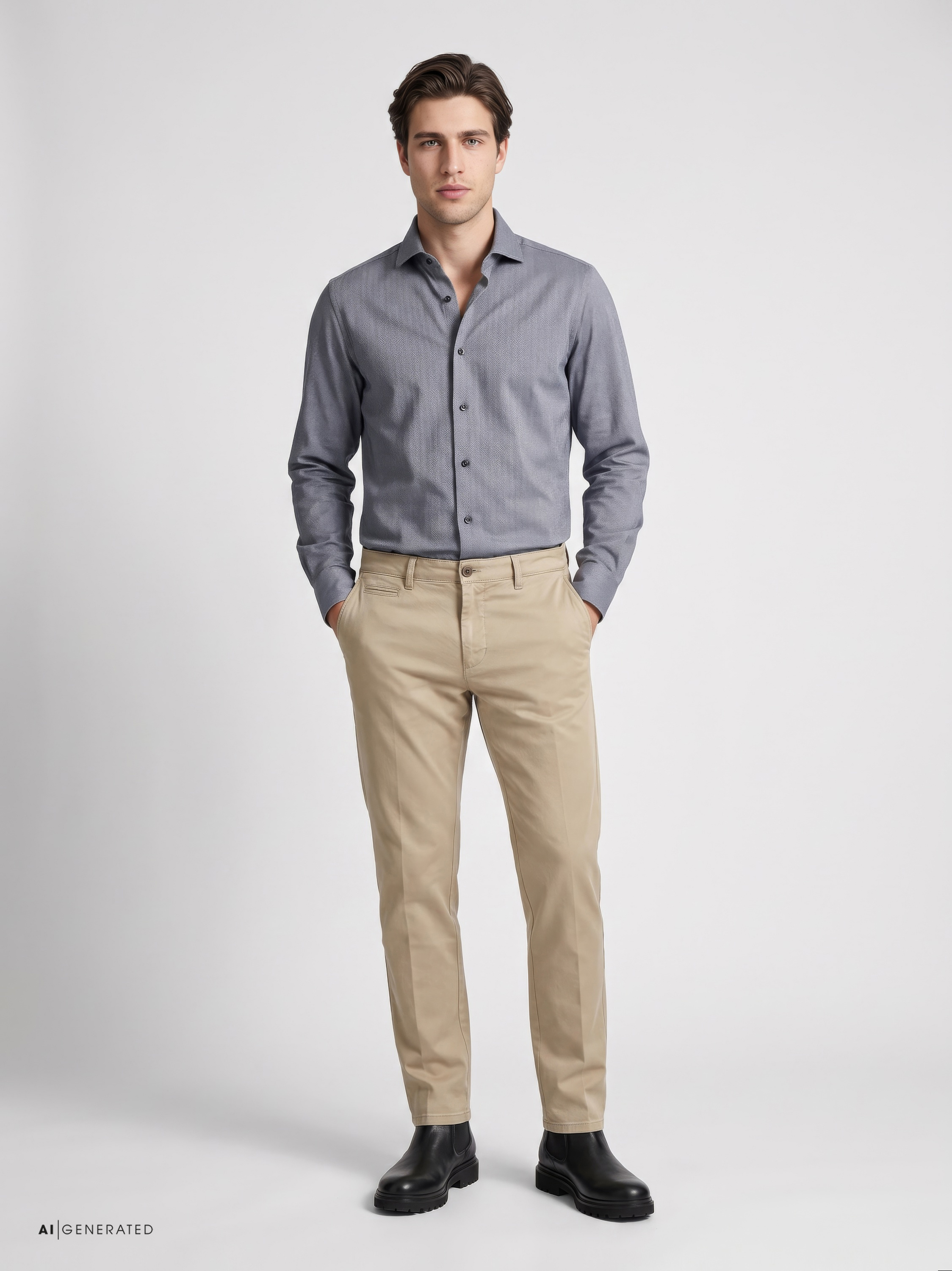 Mens shirt luxury hai in grey herringbone, outfit view worn by model
