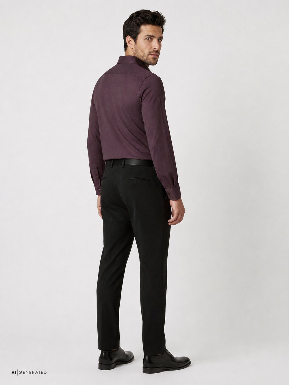 Mens shirt luxury hai in bordeaux twill, back view worn by model