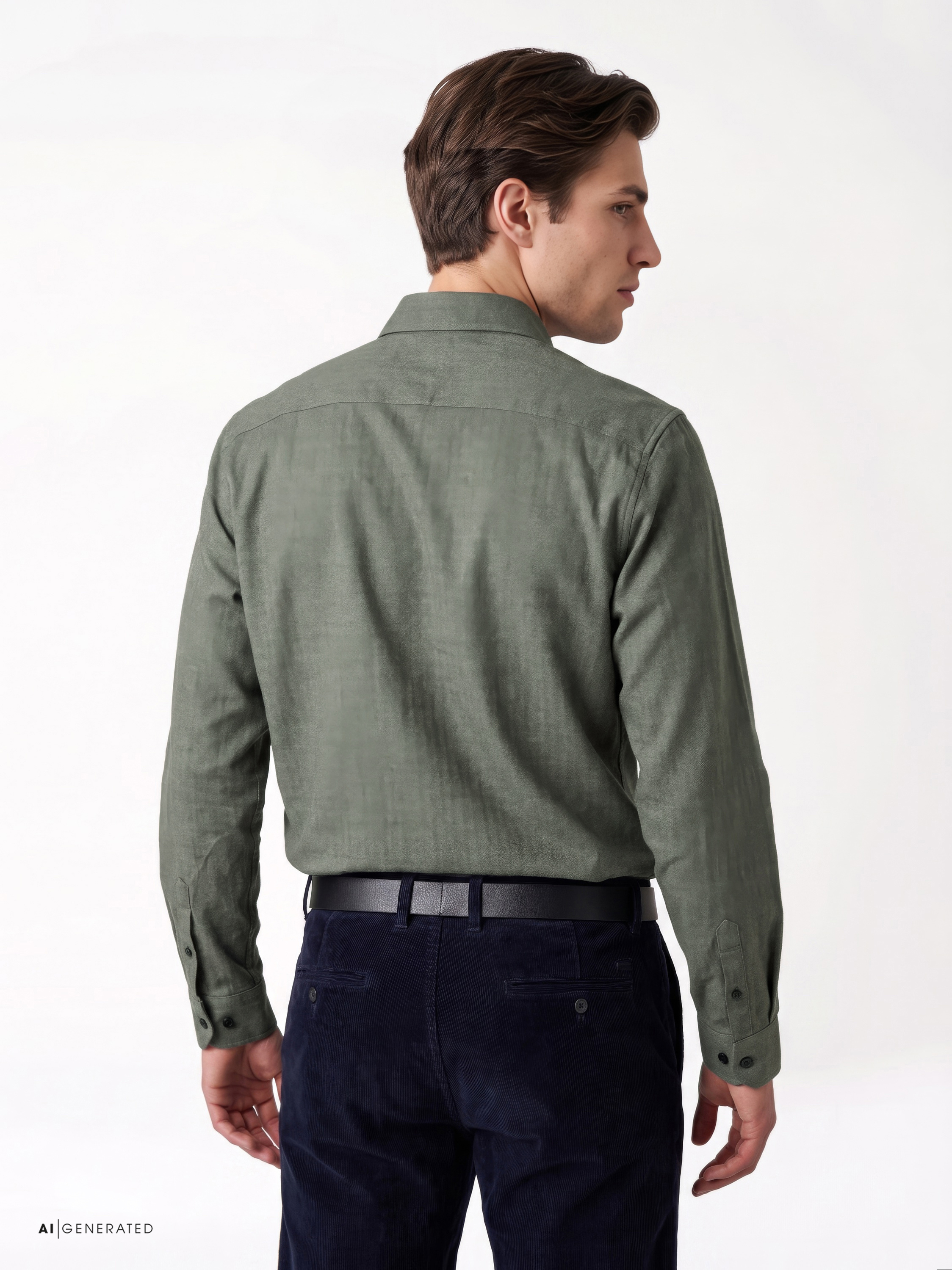 Mens shirt luxury hai in green herringbone, back view worn by model
