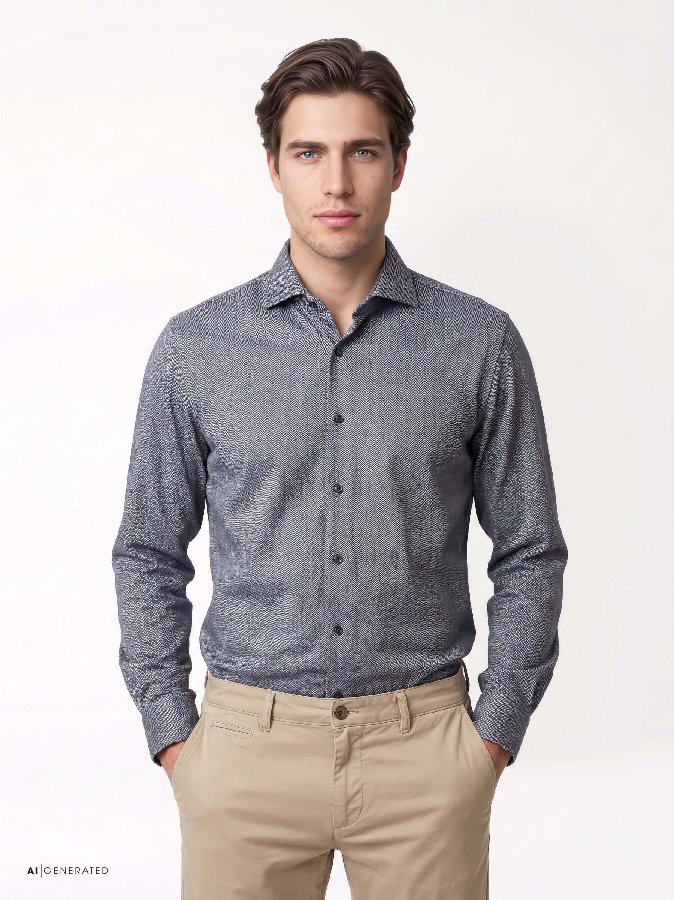 Mens shirt luxury hai in grey herringbone, front view worn by model