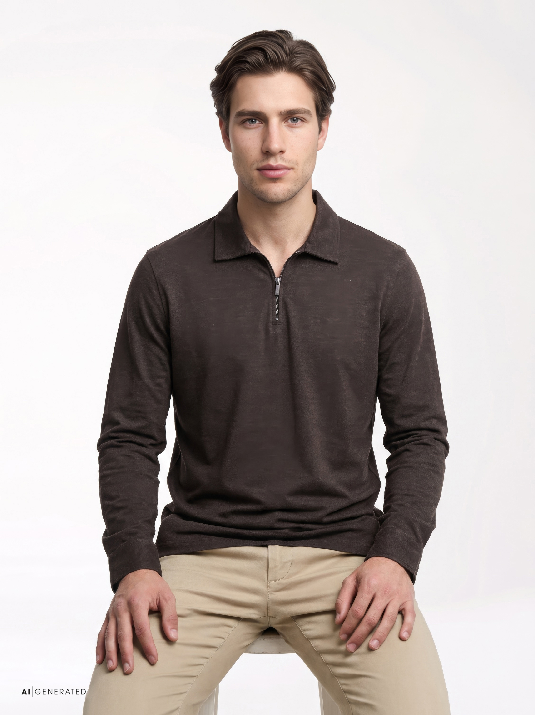 Mens polo shirt uxury polo zip in chocolate melange, front view worn by model