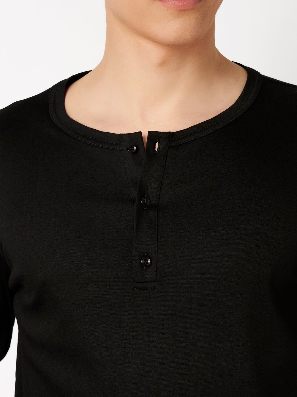 Mens polo shirt casual henley in solid black, detail view