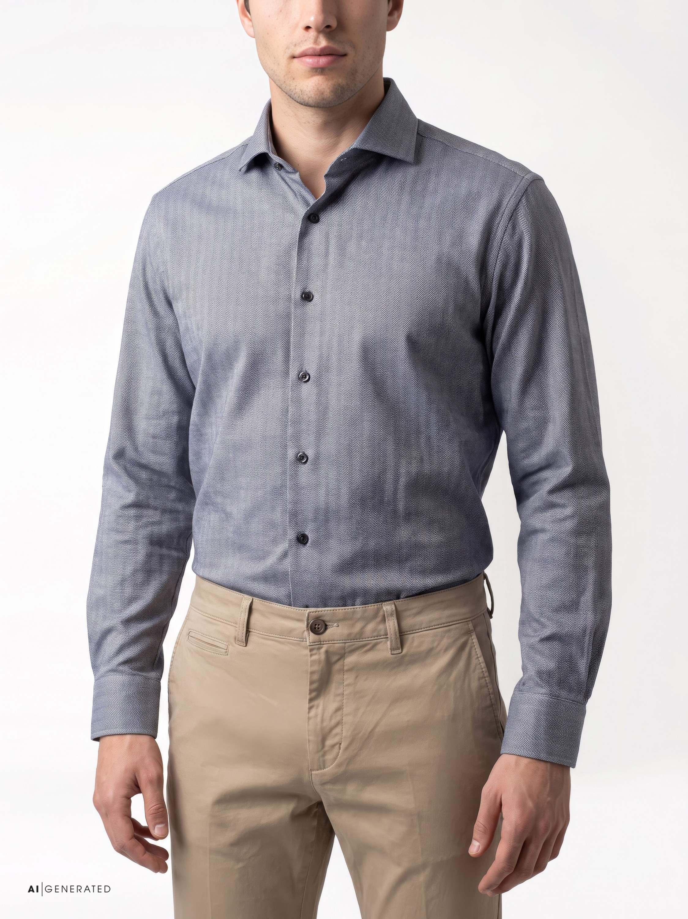 Mens shirt luxury hai in grey herringbone, detail view