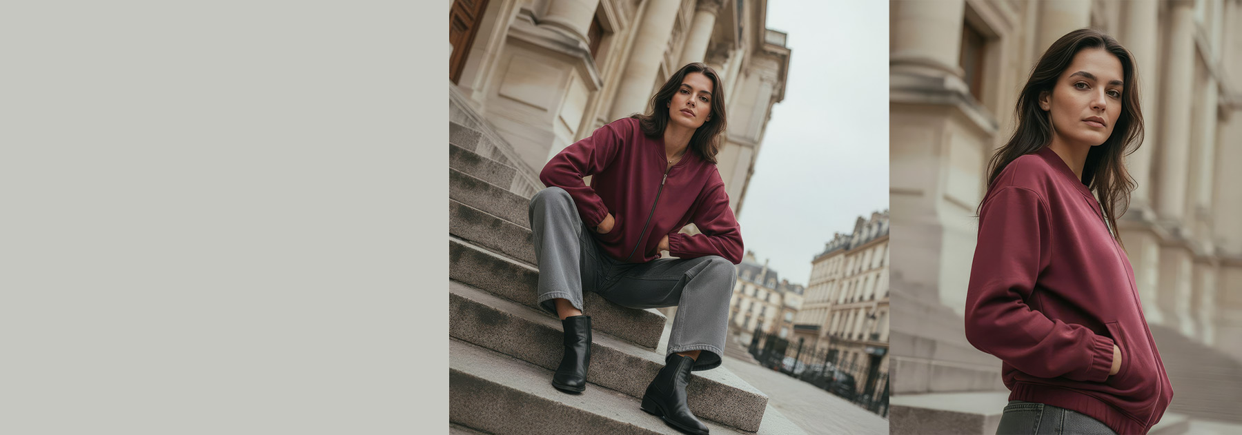 Model wearing red zip-up jacket and grey jeans – relaxed yet polished look from the DESOTO Women Collection