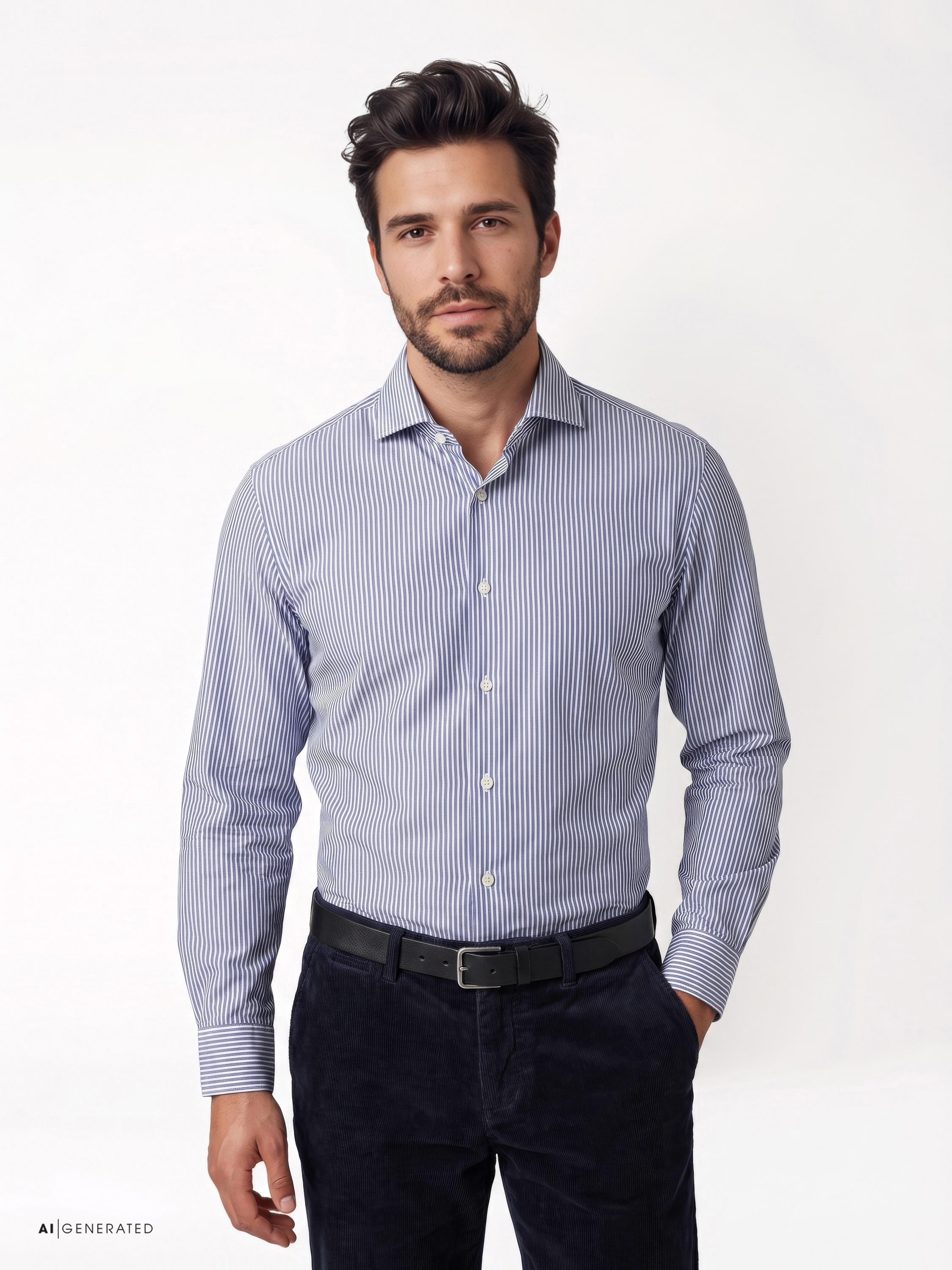Herrenhemd Luxury Hai in blue structure stripes, Frontansicht am Model getragen