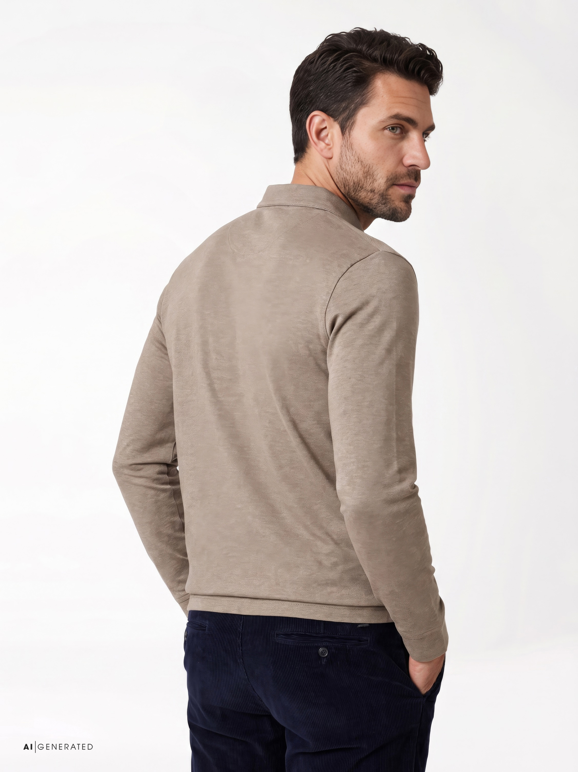 Mens polo shirt uxury polo zip in brown pique, back view worn by model