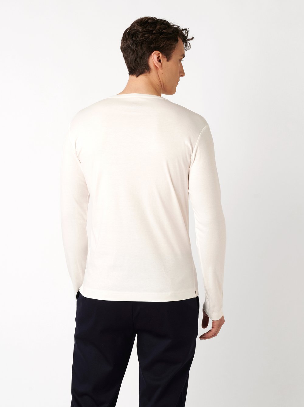 Mens polo shirt casual henley in off white, back view worn by model