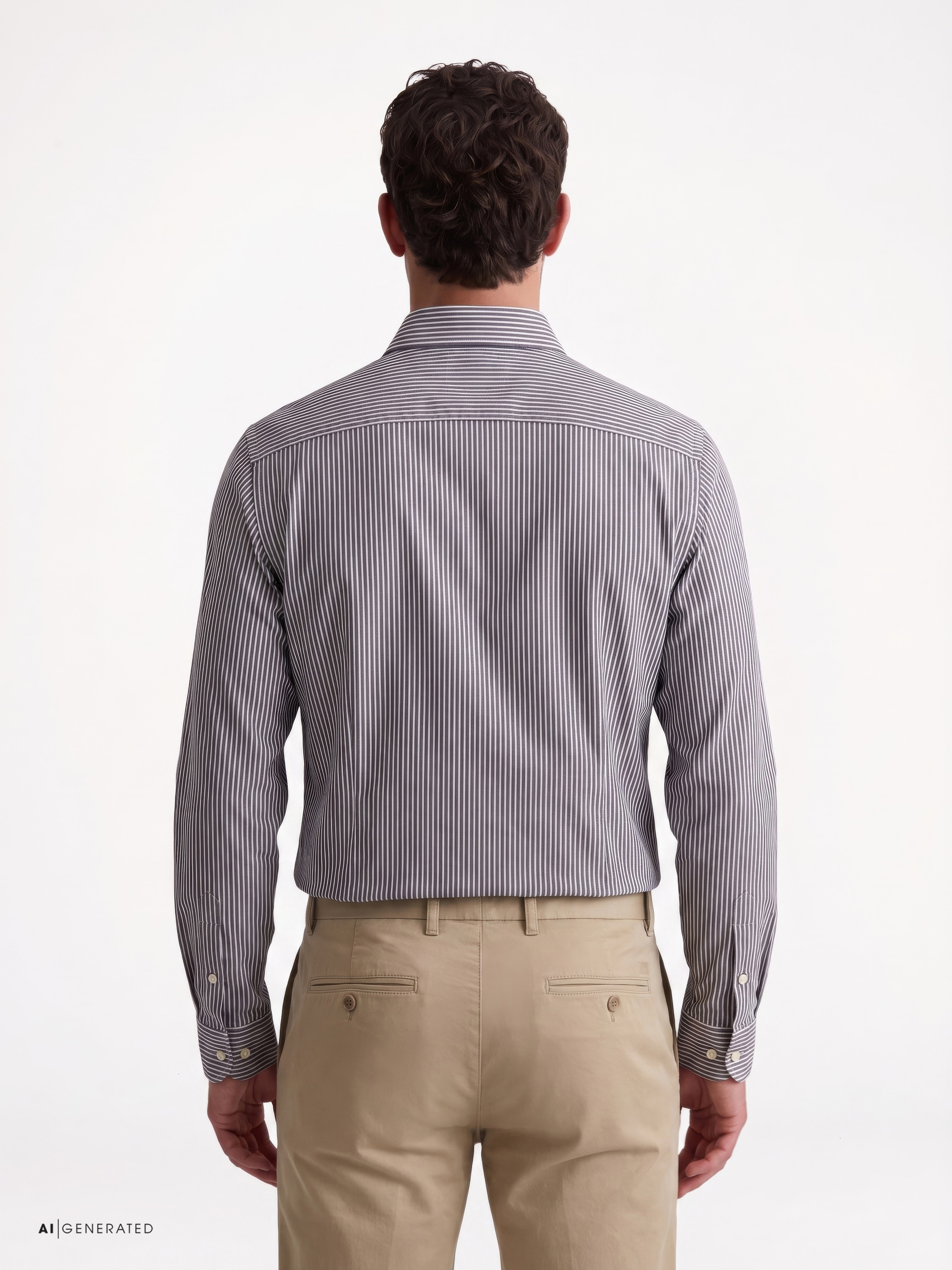 Mens shirt luxury hai in brown structure stripes, back view worn by model