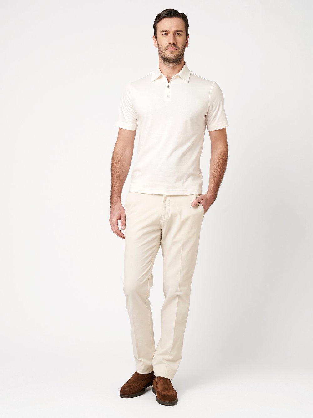 Mens Polo luxury two ply zip in cream, outfit view worn by model