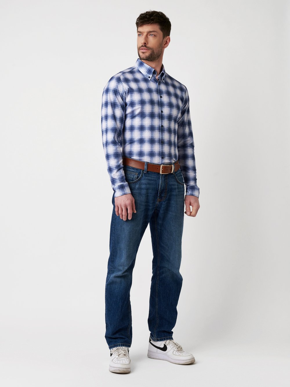 Shirt Casual Button Down blue check flannel outfit view Shirt Casual Button Down blue check flannel outfit view