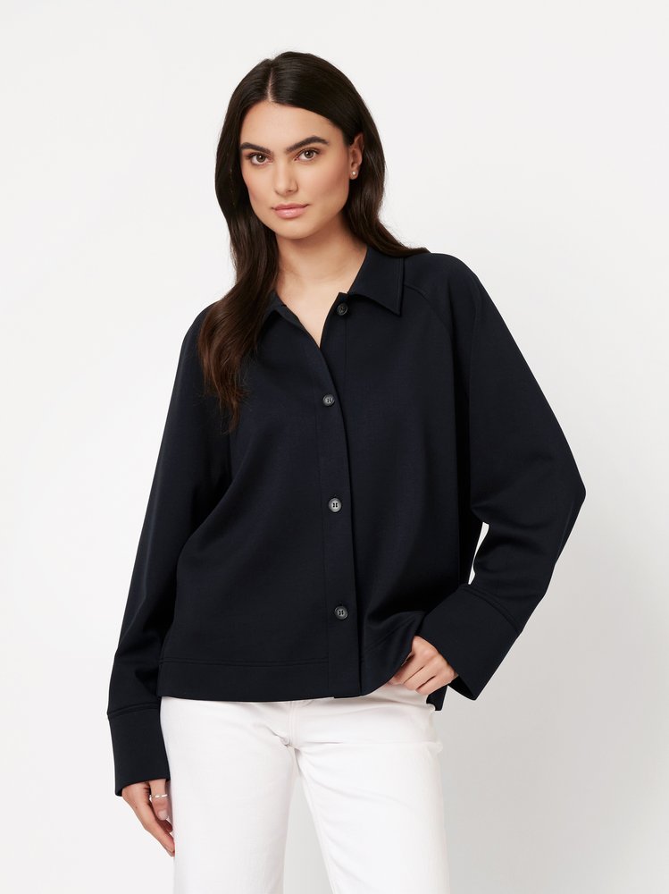 Womens blouse Sina in navy, front view worn by model