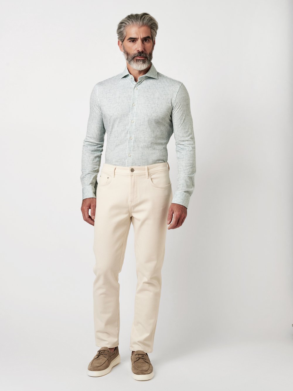 Shirt Luxury Hai green linen stripes outfit view Shirt Luxury Hai green linen stripes outfit view