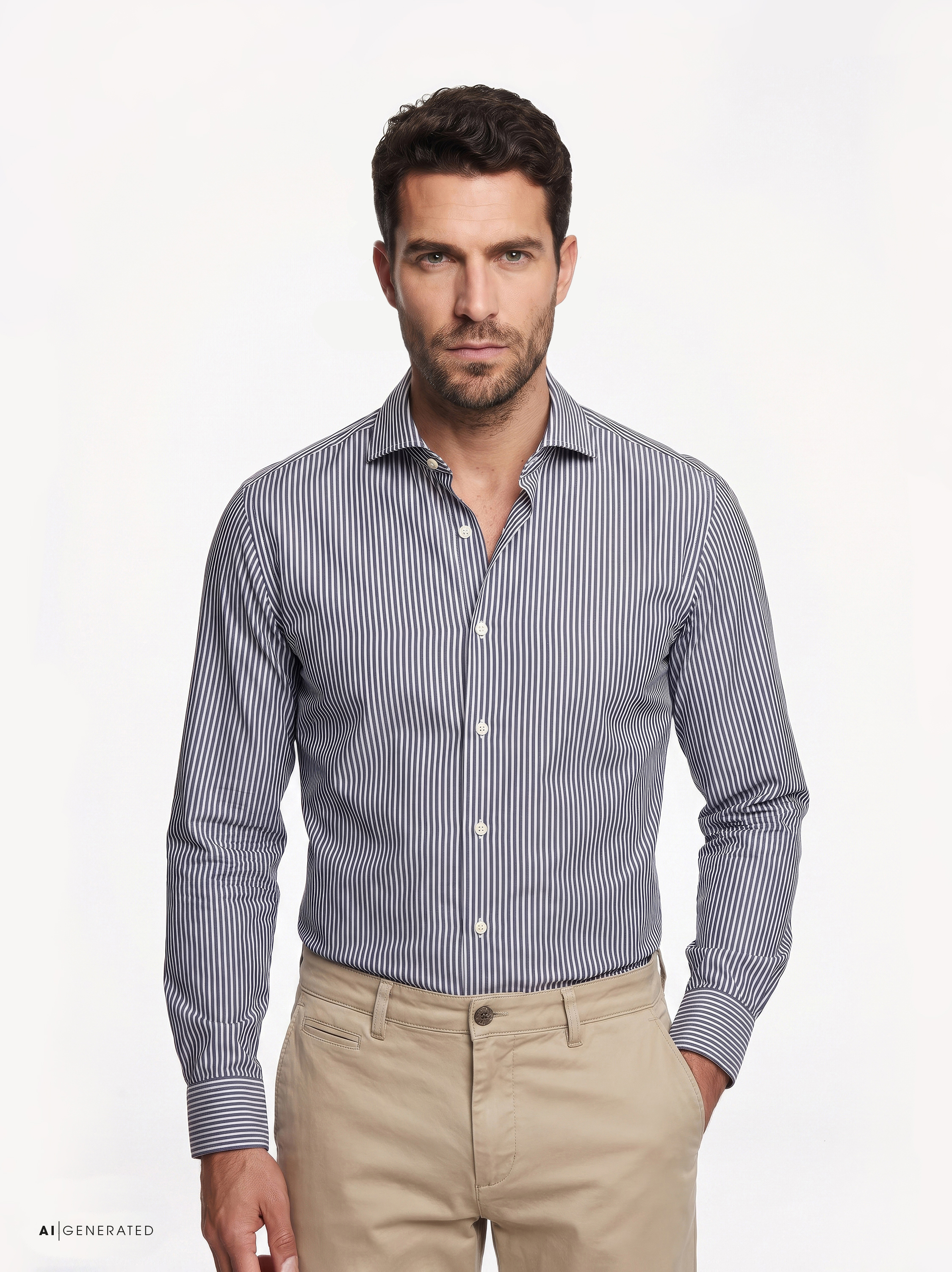Herrenhemd Luxury Hai in brown structure stripes, Frontansicht am Model getragen