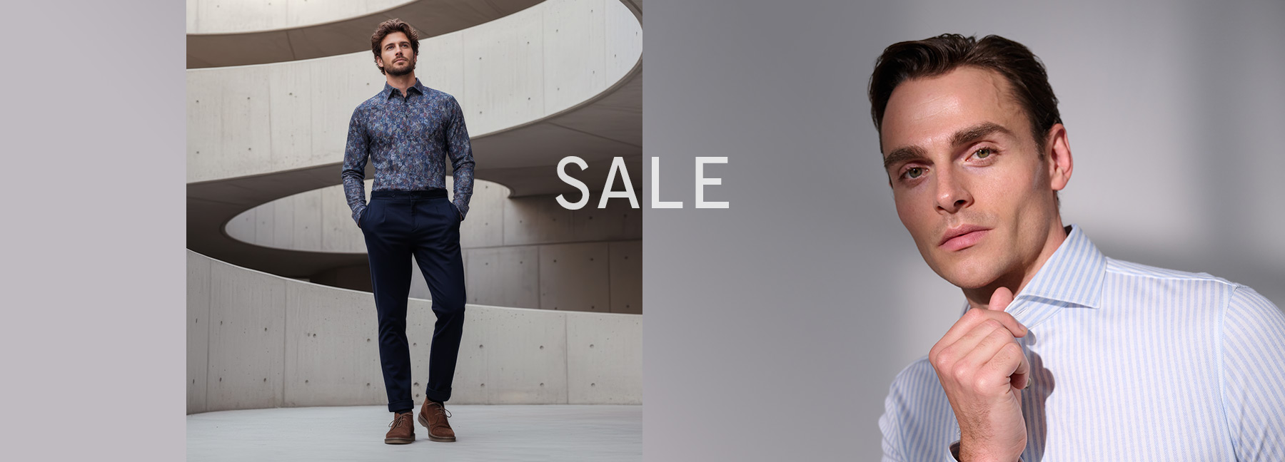 Zwei Herrenmodelle in gemustertem und gestreiftem Jerseyhemd – Desktop-Slider zur Sale-Kategorie bei DESOTO