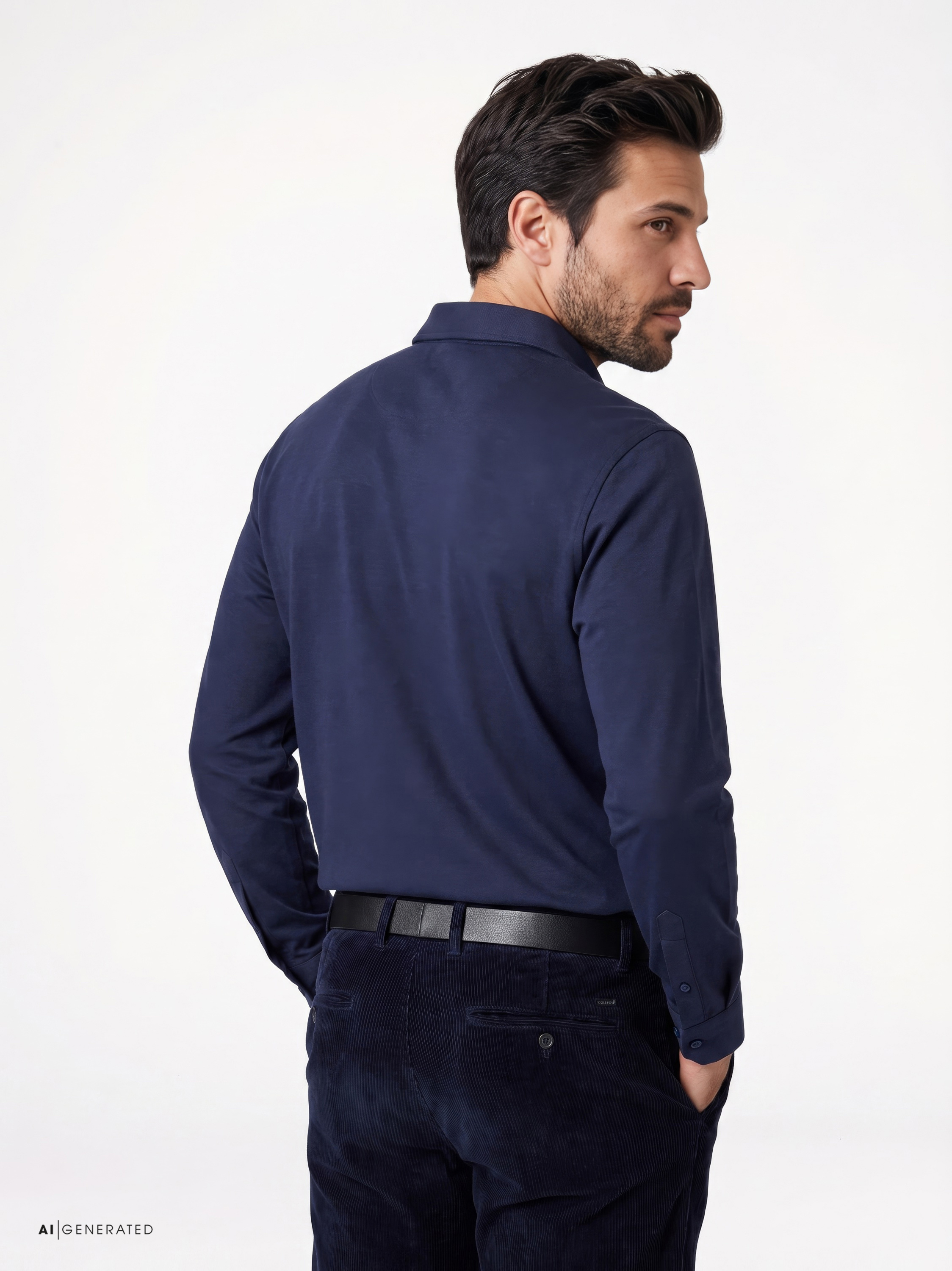 Mens polo shirt uxury polo zip in dark blue melange, back view worn by model