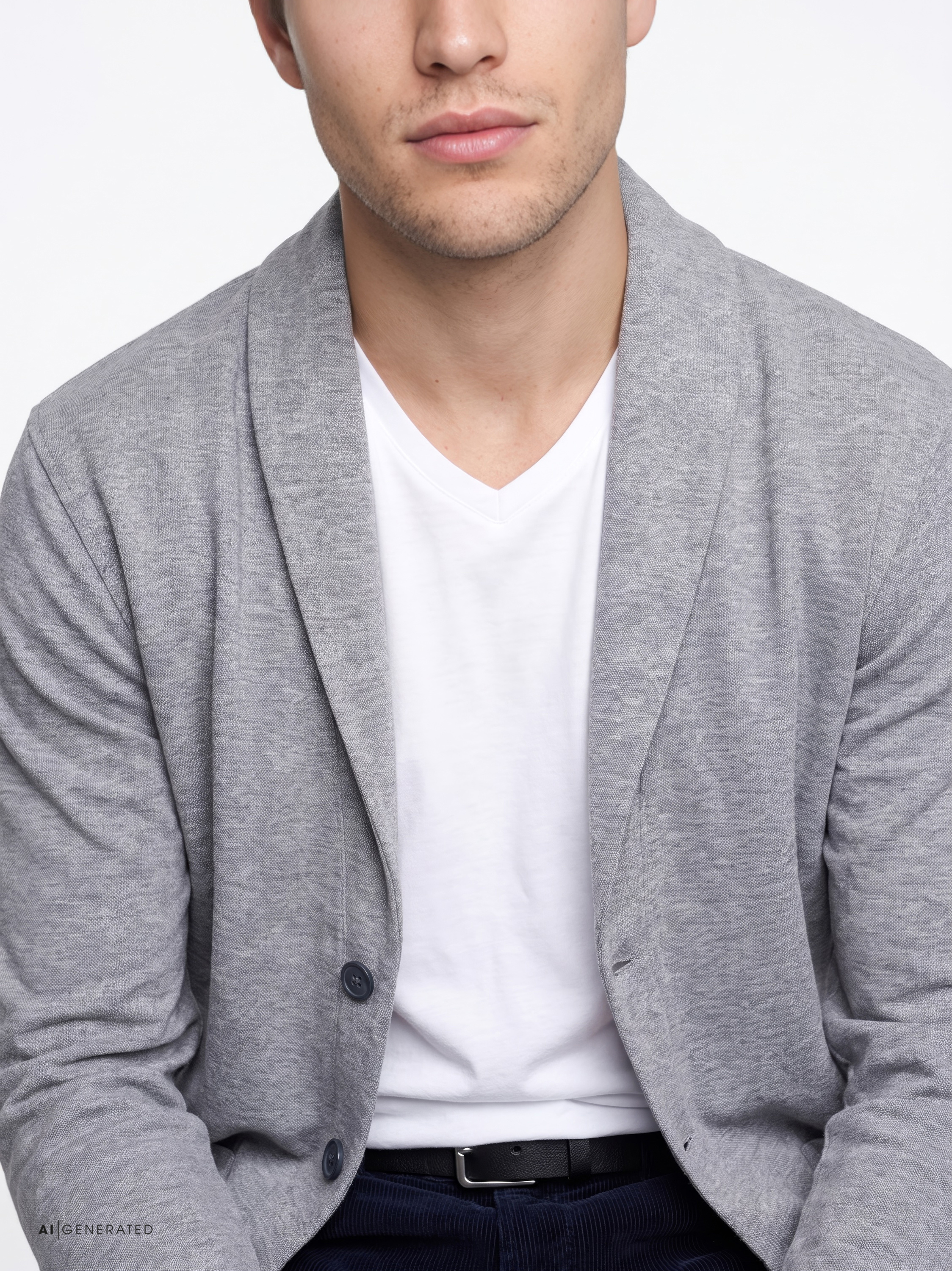 Mens sweater luxury shawl in grey melange, detail view