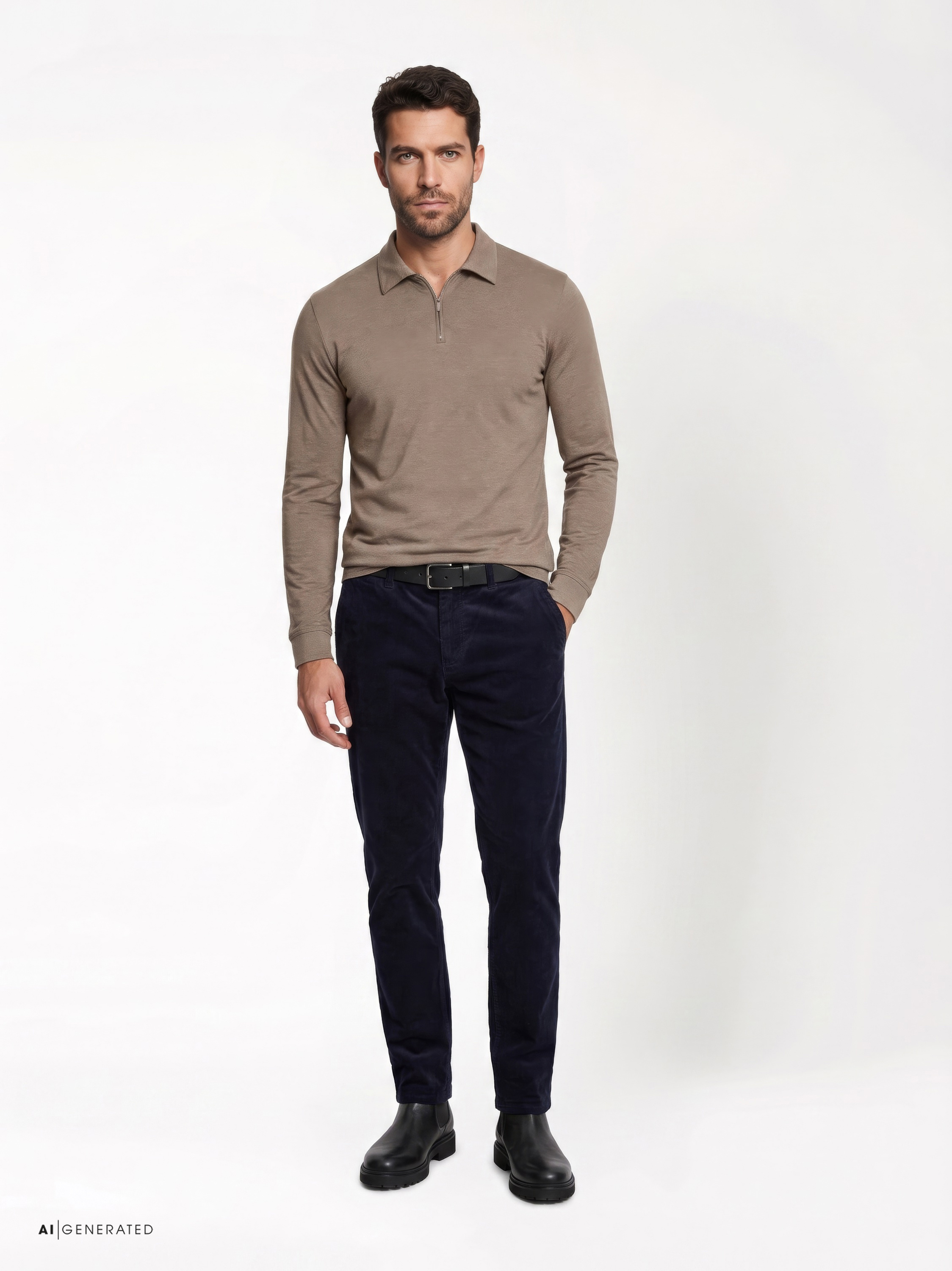 Mens polo shirt uxury polo zip in brown pique, outfit view worn by model