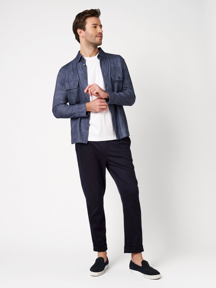 Mens shirt casual overshirt kent in dark blue denim, outfit view worn by model