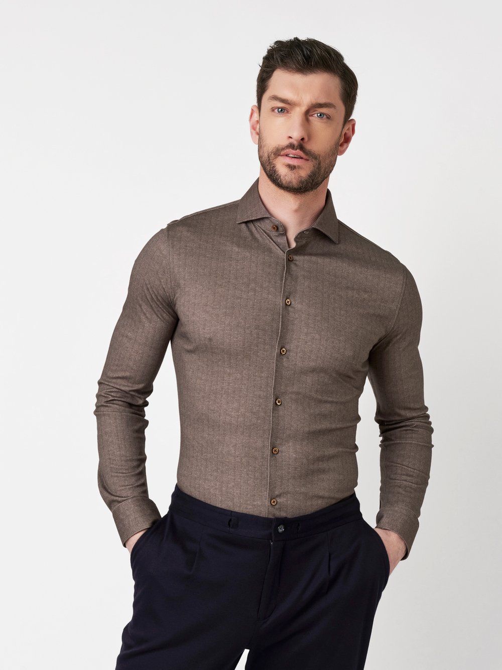 Shirt Luxury Hai brown herringbone front view Shirt Luxury Hai brown herringbone front view