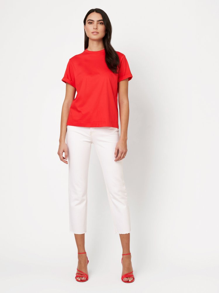 Womens shirt Alexa in red, outfit view worn by model