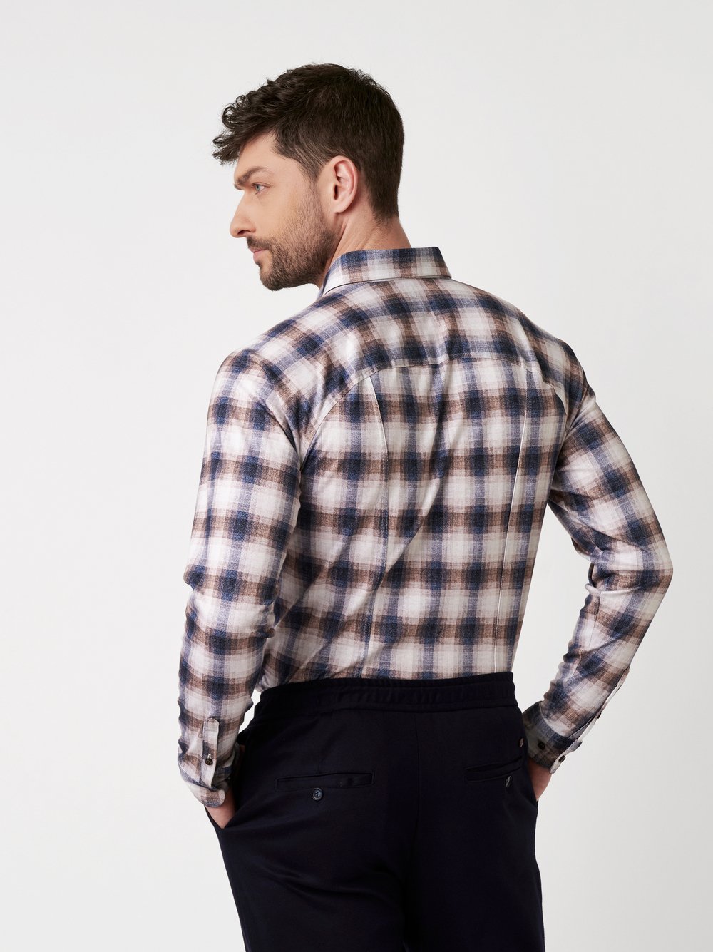 Shirt Casual Button Down sand check flannel rear view