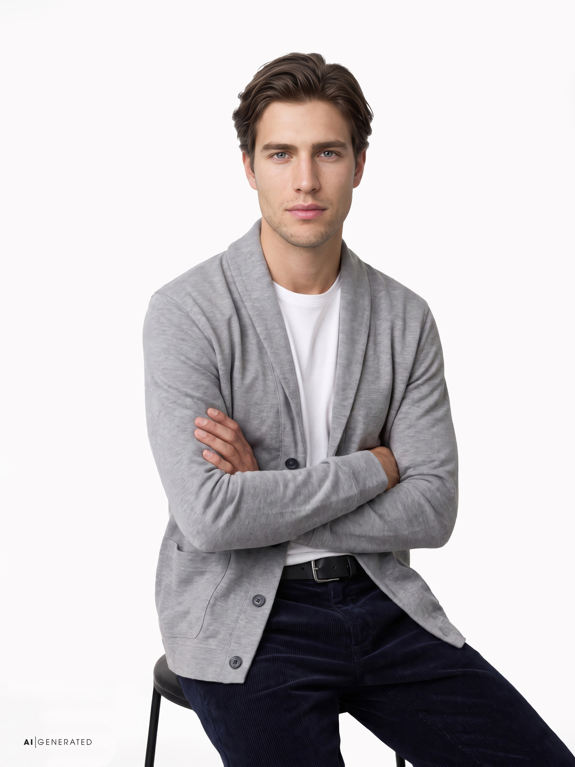 Mens sweater luxury shawl in grey melange, front view worn by model
