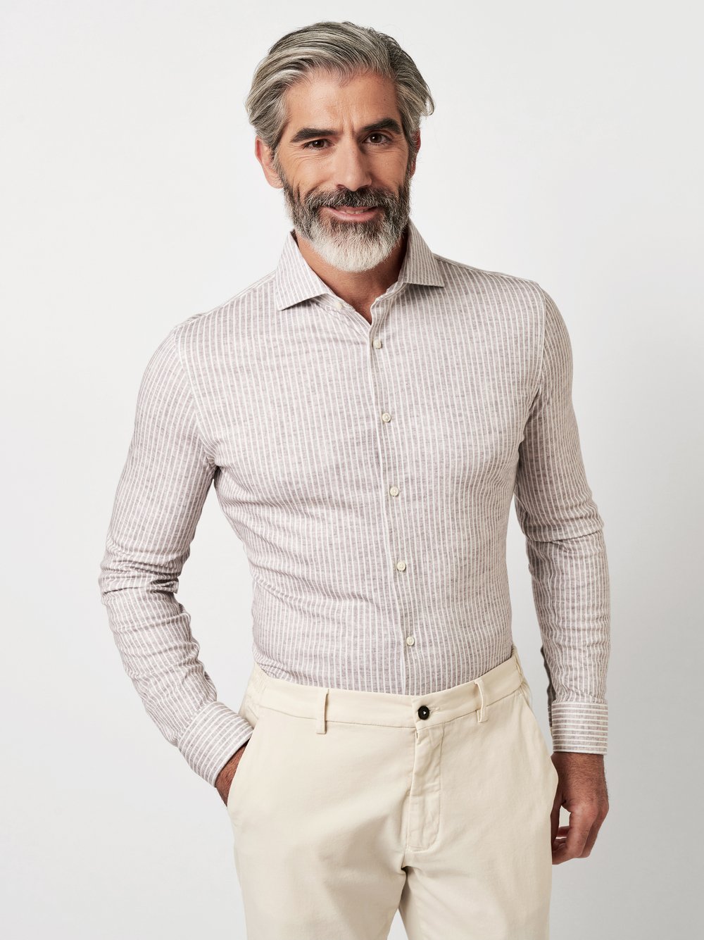 Shirt Luxury Hai pastel brown linen stripes front view Shirt Luxury Hai pastel brown linen stripes front view